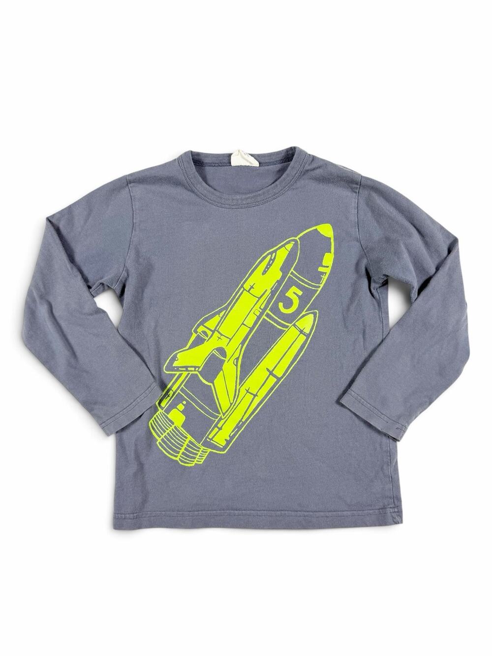 Mini Boden Space Shuttle Graphic Long Sleeve Shirt Gray Neon Yellow 6-7 Years